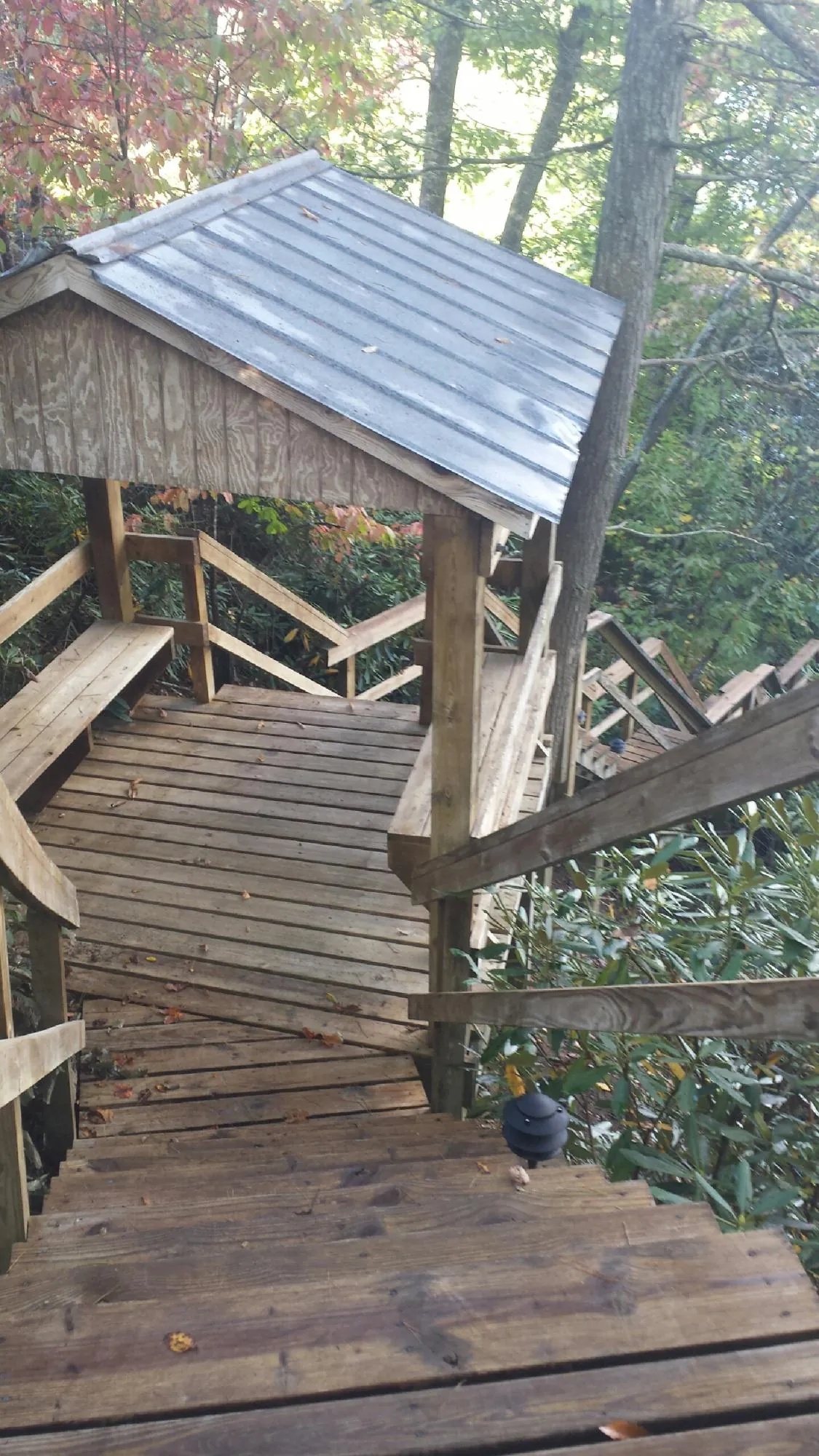 Metal roofed shelter over wooden steps on a wooded walkway — Skylight Repair & Installation work by our crew in Foxhome